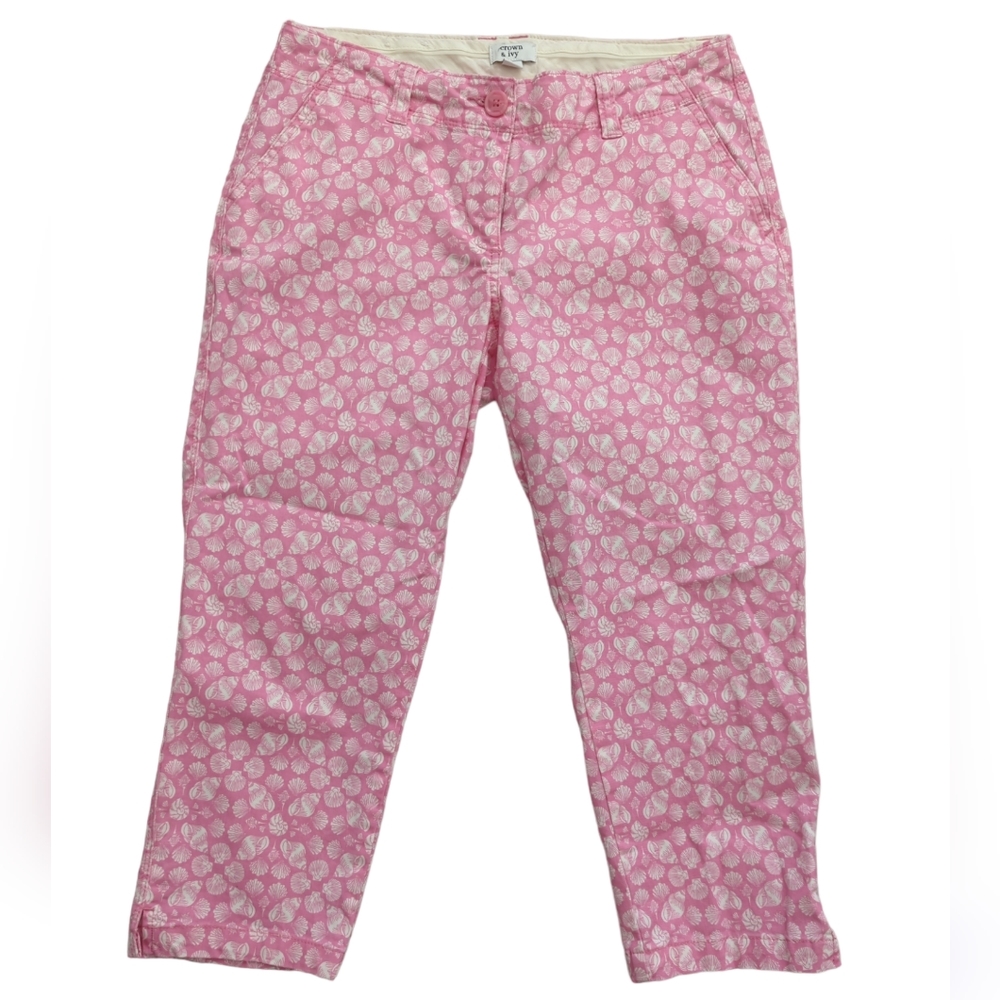 Crown & Ivy seashell pants, cropped capri, pink and white, size 6